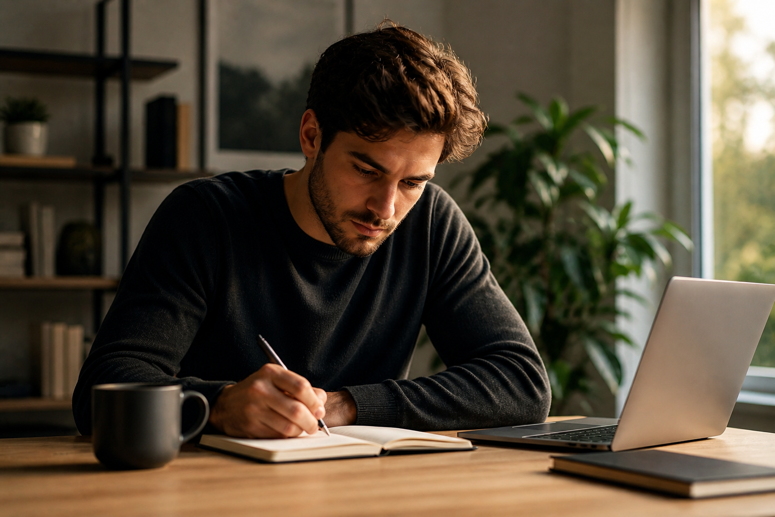 Focused man writing in notebook at desk with laptop in a calm, natural light workspace