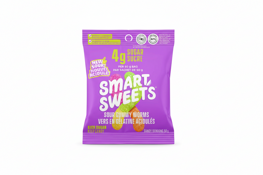 Purple package of Smart Sweets Sour Gummy Worms with colorful gummy worms visible on a white background.