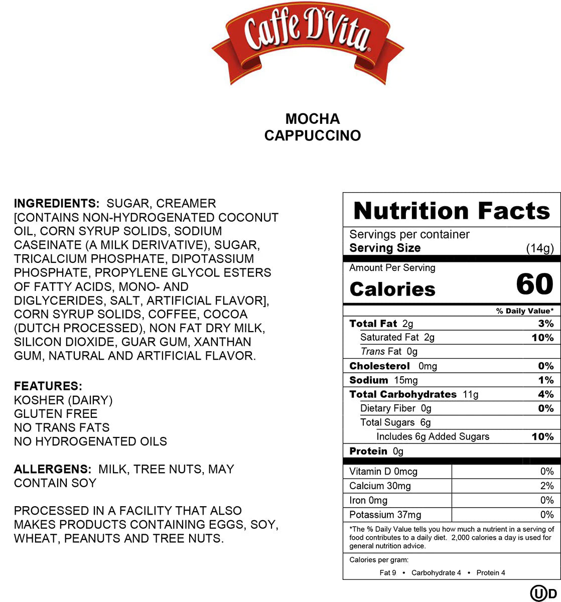 Caffe D'Vita - Premium Instant Sugar Free Cappuccino Mocha - 32oz