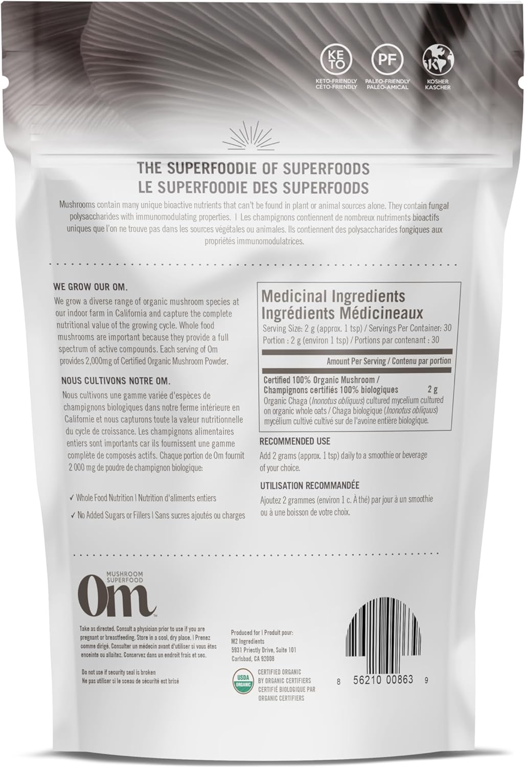 OM Mushroom Superfood - Chaga Certified Organic Mushroom Powder - 60g