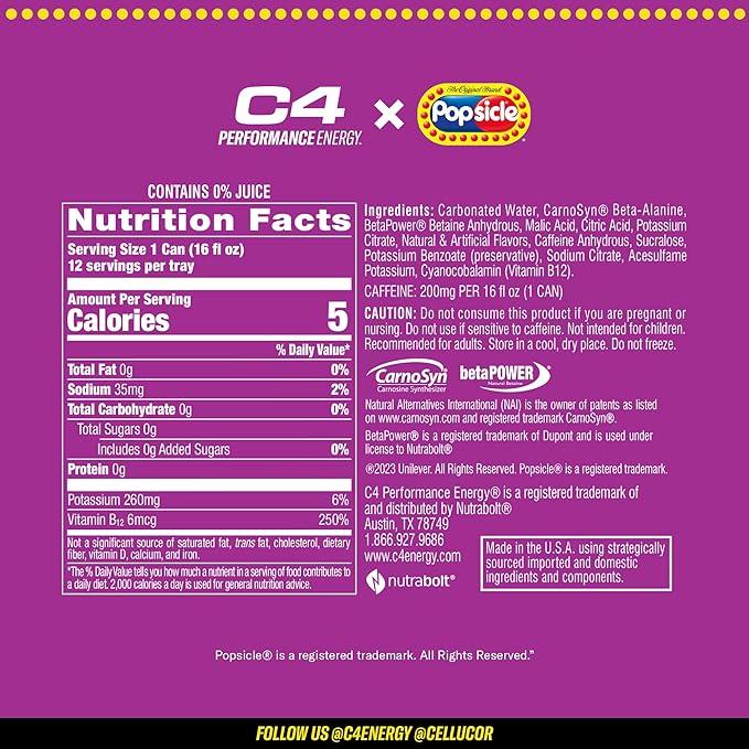 Cellucor - C4 Boisson énergisante gazeuse USA 12x473ml - Popsicle