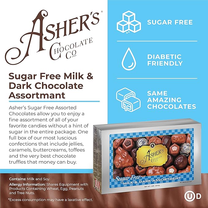 Asher's Chocolates - Sugar Free Chocolate Candy Milk and Dark Chocolate Assortment - 8oz