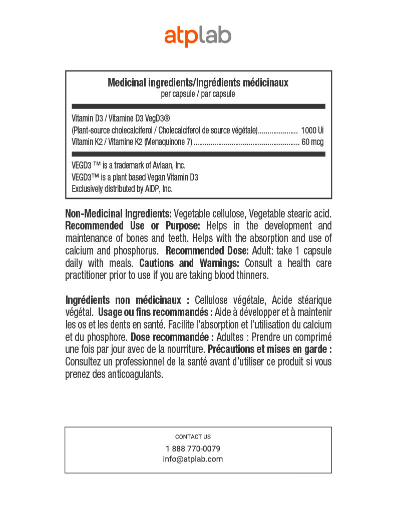 ATP Lab Vitamin D3+K2 60caps medicinal ingredients