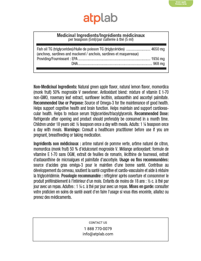 ATP Lab Omega-3 Triglyceride 200ml medicinal ingredients Green apple flavor