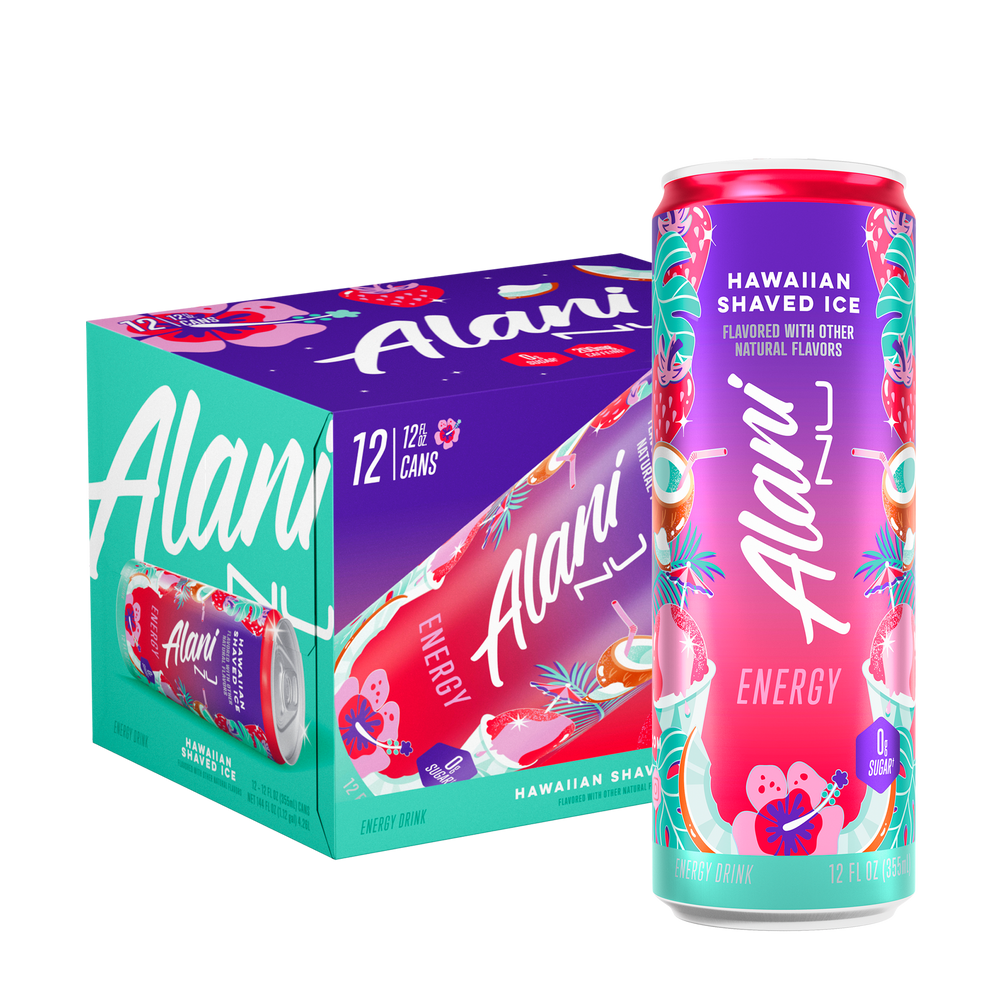 Alani Hawaiian Shaved Ice energy drink can and packaging on a white background