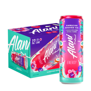Alani Hawaiian Shaved Ice energy drink can and packaging on a white background