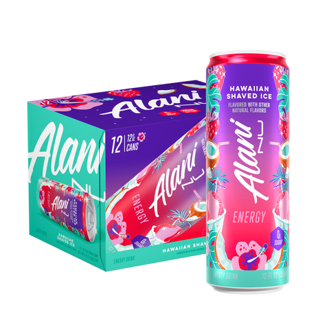 Alani Hawaiian Shaved Ice energy drink can and packaging on a white background