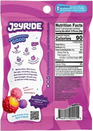 Back of Joyride Gummy Busters Berry Mix 3.5 oz bag with nutrition facts and ingredient details