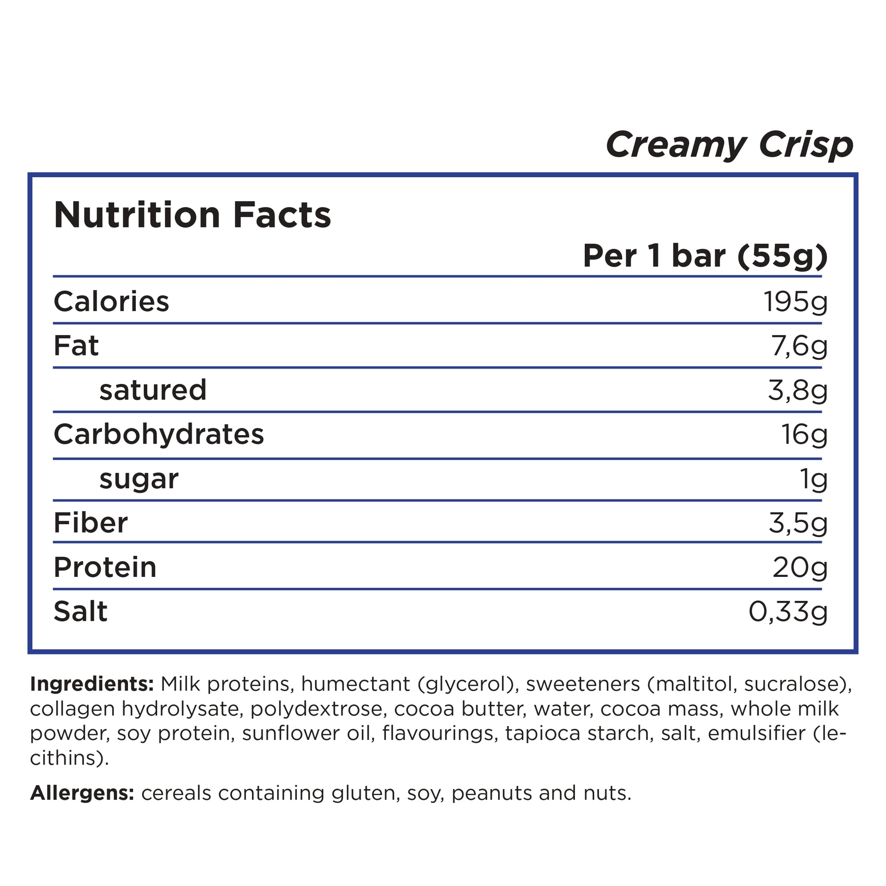 Barebells protein bar nutrition facts and ingredient for creamy crisp flavor