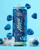 Alani Nu energy drink can with blueberries and ice cubes on a light blue background