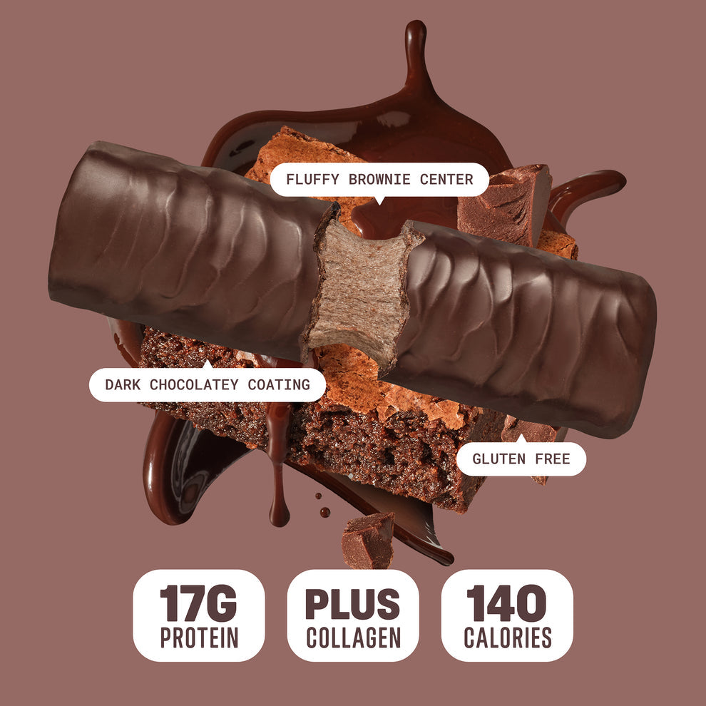 Built Bar Puffs Canada – Brownie Batter Protein Bar 40g partially unwrapped showing dark chocolatey coating and fluffy brownie center on brown background