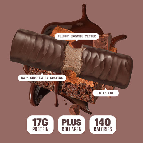 Built Bar Puffs Canada – Brownie Batter Protein Bar 40g partially unwrapped showing dark chocolatey coating and fluffy brownie center on brown background