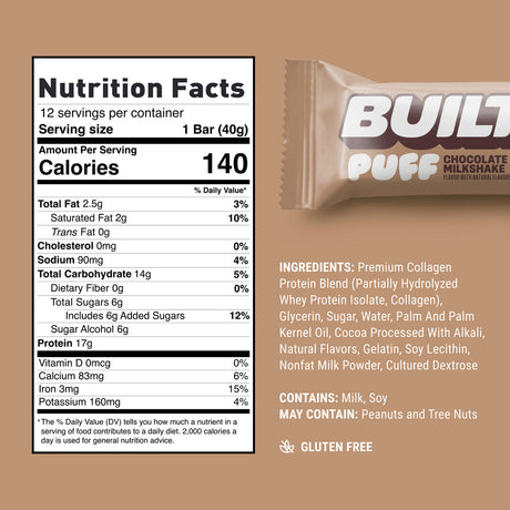 Built Bar Puffs Canada - Chocolate Milkshake Protein Bar 40g - Nutrition Facts