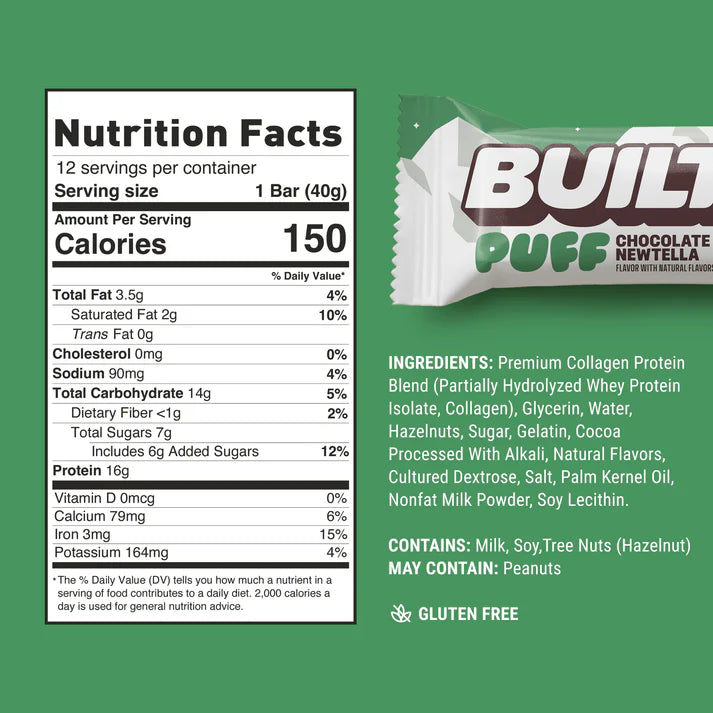 Built Bar Puffs Canada - Chocolate Newtella Protein Bar 40g - Nutrition Facts