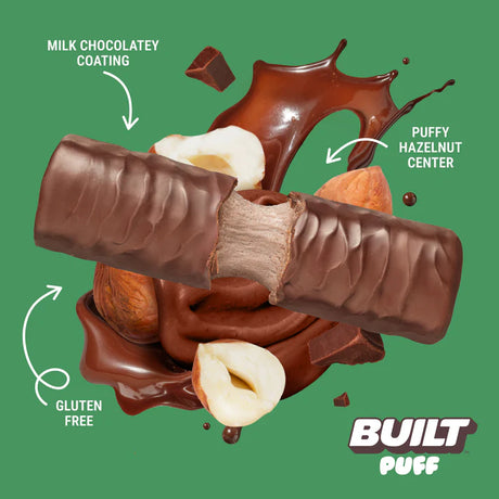 Built Bar Puffs Canada – Chocolate Newtella Protein Bar 40g partially unwrapped showing milk chocolatey coating  and puffy hazelnut center on green background