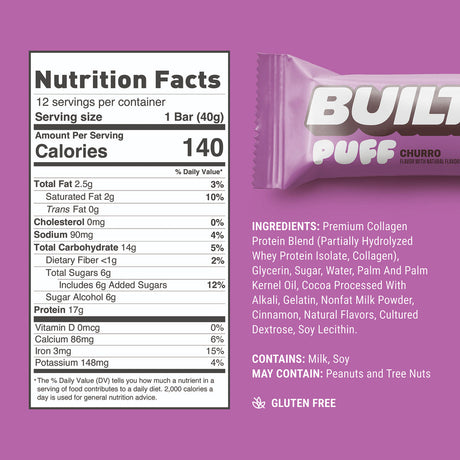 Built Bar Puffs Canada - Churro Protein Bar 40g - Nutrition Facts