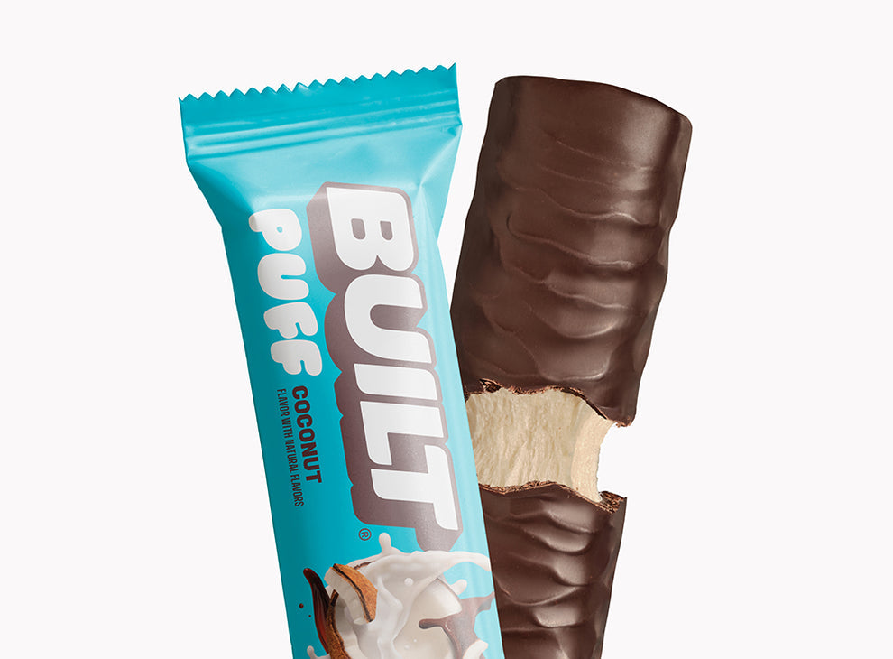 Built Bar Puffs Canada - Coconut Protein Bar 40g showing chocolate coating on white background