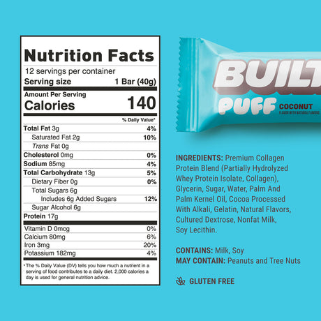 Built Bar Puffs Canada - Coconut Protein Bar 40g - Nutrition Facts