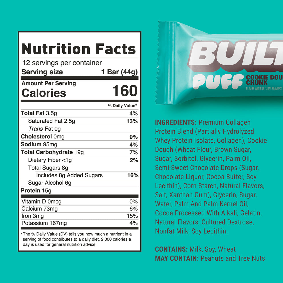 Built Bar Puffs Canada - Cookie Dough Chunk Protein Bar 40g - Nutrition Facts