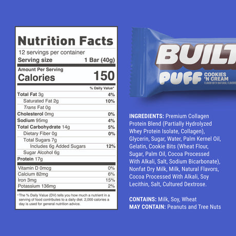 Built Bar Puffs Canada - Cookien'cream Protein Bar 40g - Nutrition Facts