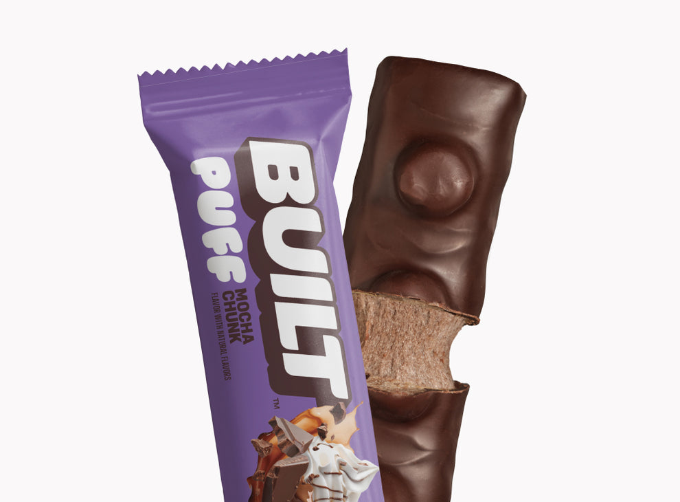 Built Bar Puffs Canada - Mocha Chunk Protein Bar 40g showing  chocolate coating on white background