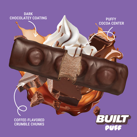 Built Bar Puffs Canada – Mocha Chunk Protein Bar 40g partially unwrapped showing dark chocolatey coating with coffee flavored crumble chunks on top and puffy cocoa center  on purple background