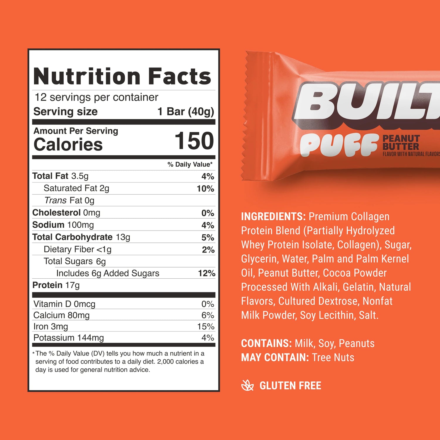 Built Bar Puffs Canada - Peanut Butter Protein Bar 40g - Nutrition Facts