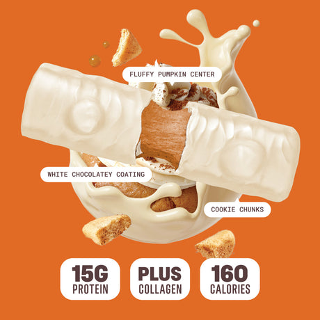 Built Bar Puffs Canada – Pumpkin Cookie Chunk Protein Bar 40g partially unwrapped showing white chocolatey coating with cookie chunks on top and fluffy pumpkin center on orange background