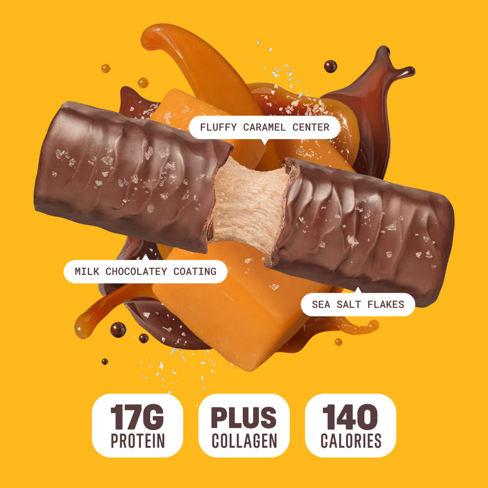 Built Bar Puffs Canada – Salted Caramel Protein Bar 40g partially unwrapped showing milk chocolatey coating with sea salt flakes on top and fluffy caramel center on yellow background