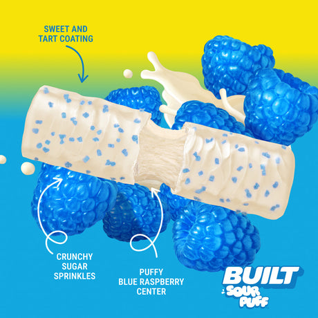 Built Bar Puffs Canada – Sour Puff Blue Razz Protein Bar 40g partially unwrapped showing white chocolate coating with crunchy sugar sprinkles and puffy blue raspberry center on blue and green background