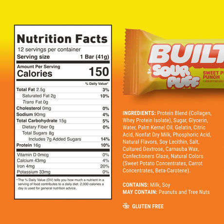 Built Bar Puffs Canada - Sour Puff Sweet Peach Punch Protein Bar 40g - Nutrition Facts