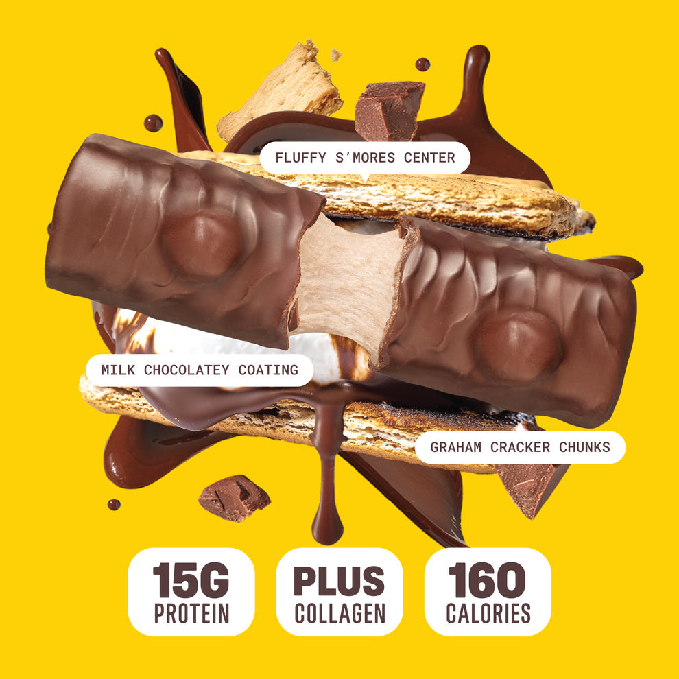 Built Bar Puffs Canada – S'mores Protein Bar 40g partially unwrapped showing milk chocolatey coating with graham chunks on top and fluffy s'mores center on yellow background