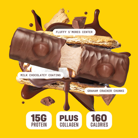 Built Bar Puffs Canada – S'mores Protein Bar 40g partially unwrapped showing milk chocolatey coating with graham chunks on top and fluffy s'mores center on yellow background