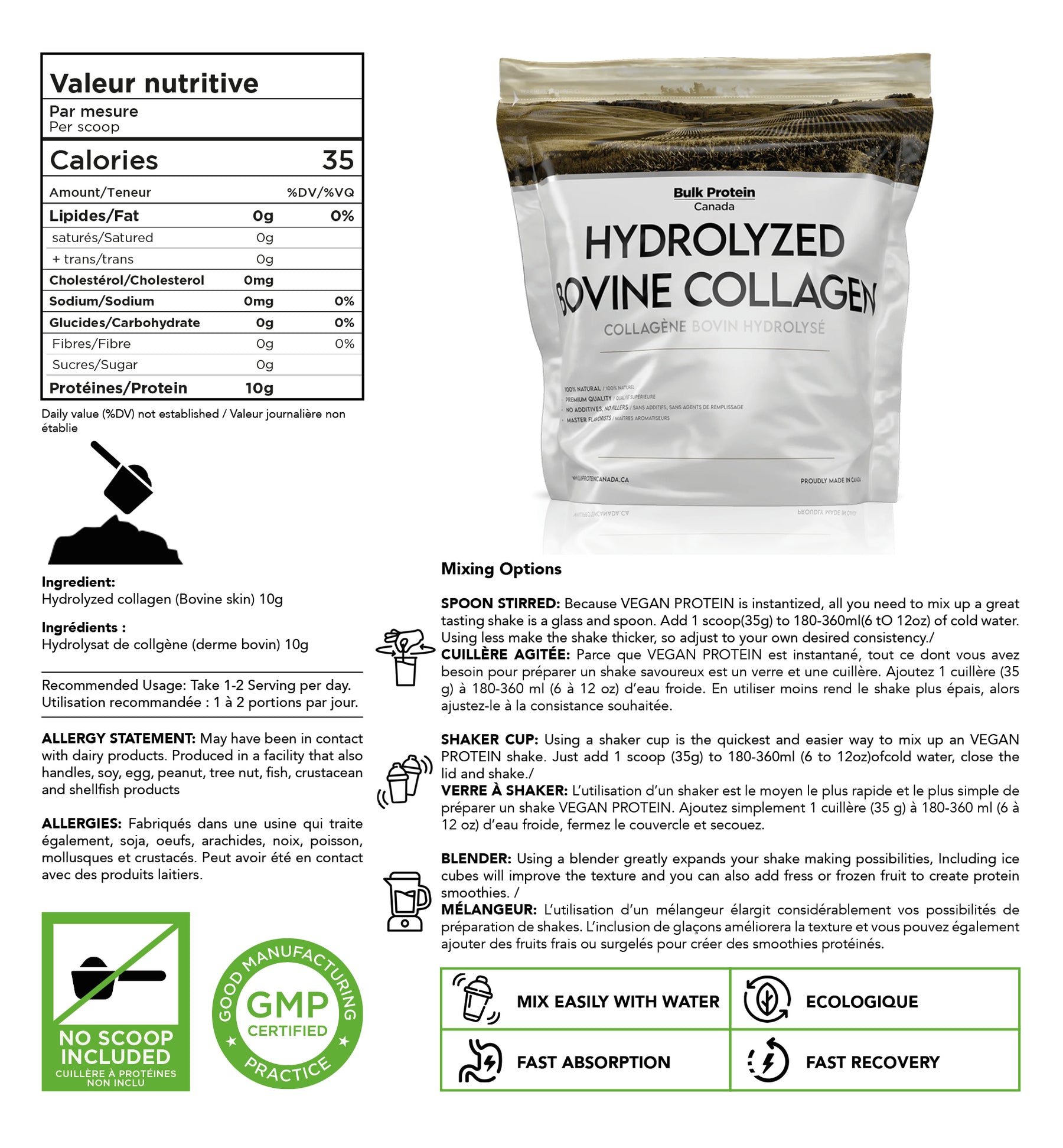 Bulk Protein Canada - Hydrolyzed Bovine Collagen - 100% Premium Canadian Powder