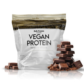 Vegan protein package with chocolate pieces on a white background