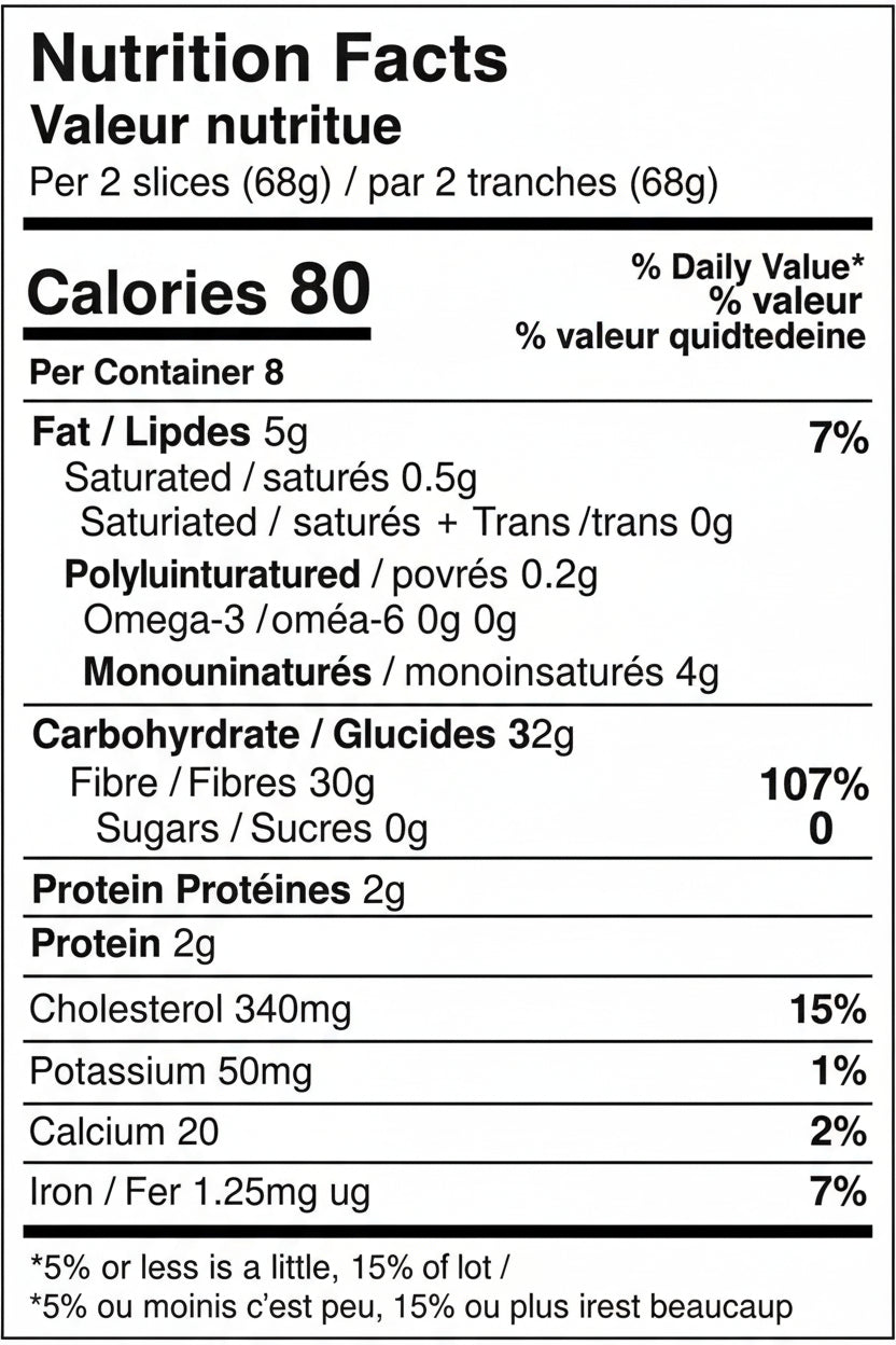 Nutrition facts label for a food product with detailed calorie count and nutritional content per serving.