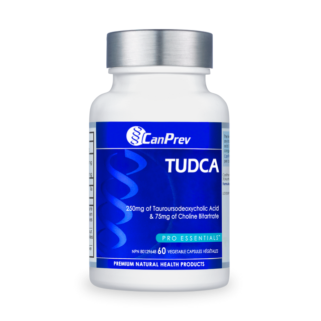 Bottle of CanPrev TUDCA + Choline supplement – supports healthy liver function, bile flow, fat metabolism, and detoxification.