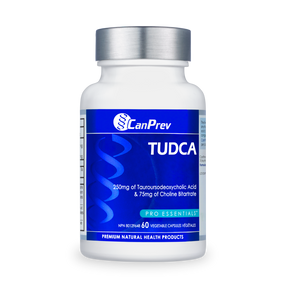 Bottle of CanPrev TUDCA + Choline supplement – supports healthy liver function, bile flow, fat metabolism, and detoxification.