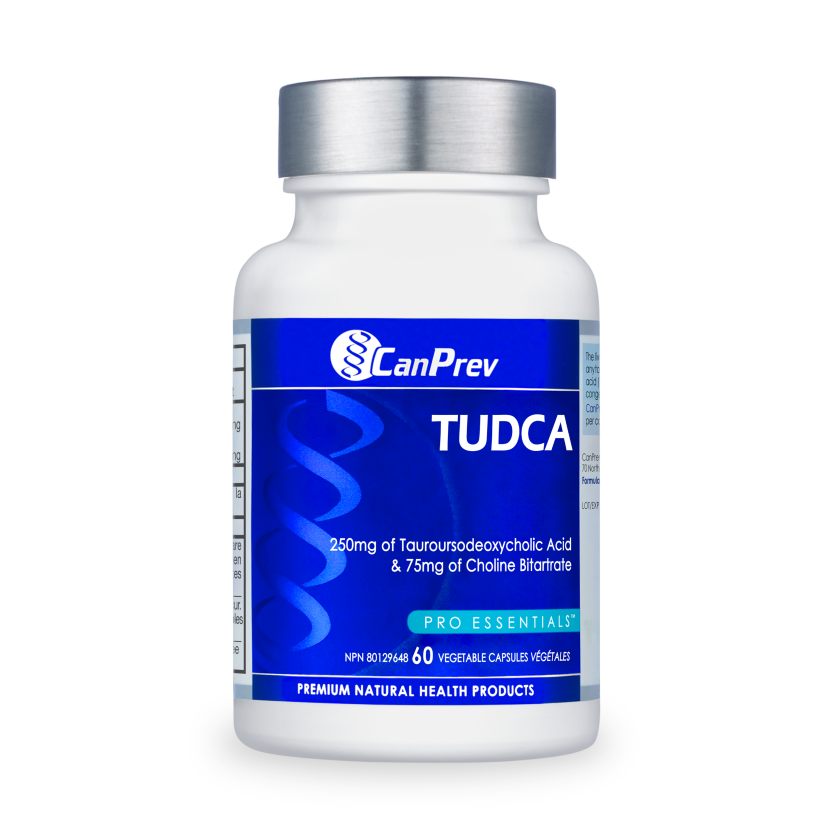 Bottle of CanPrev TUDCA + Choline supplement – supports healthy liver function, bile flow, fat metabolism, and detoxification.