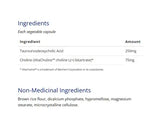 Nutritional information for CanPrev TUDCA + Choline showing 250mg TUDCA and 75mg choline per capsule for liver and metabolic support.