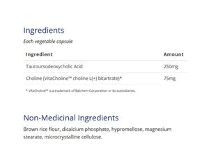 Nutritional information for CanPrev TUDCA + Choline showing 250mg TUDCA and 75mg choline per capsule for liver and metabolic support.