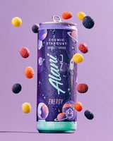 Alani energy drink can with colorful cosmic-themed decorations on a purple background