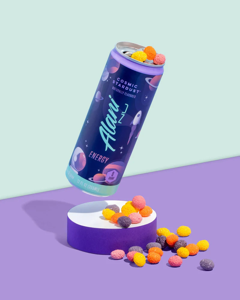Energy drink can with colorful gummy bears on a purple and blue gradient background