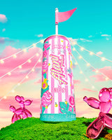 Colorful energy drink can with pink flag and decorative elements against a pastel sky.