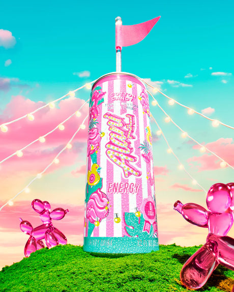 Colorful energy drink can with pink flag and decorative elements against a pastel sky.
