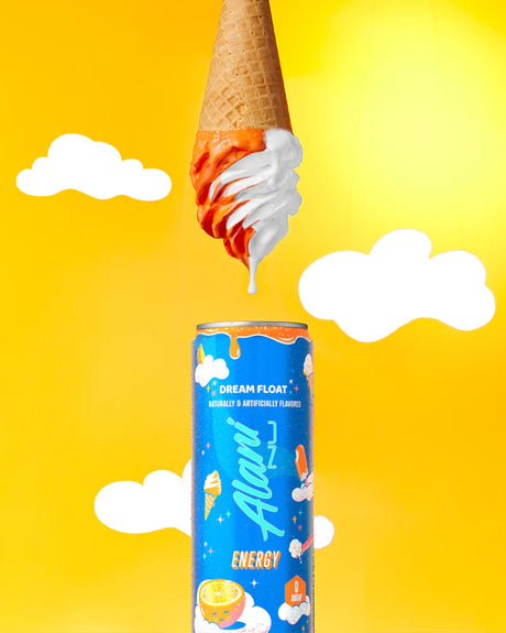 Alani nu Dream Float energy drink can with an ice cream cone on a yellow background
