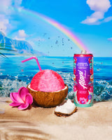 Coconut with pink drink and straw on sand,  nearby a rainbow in background