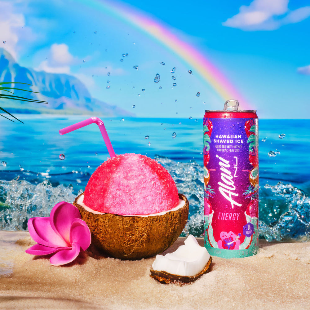 Can of Hawaiian Energy drink with pink coconut drink on a beach with rainbow