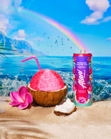 Can of Hawaiian Energy drink with pink coconut drink on a beach with rainbow