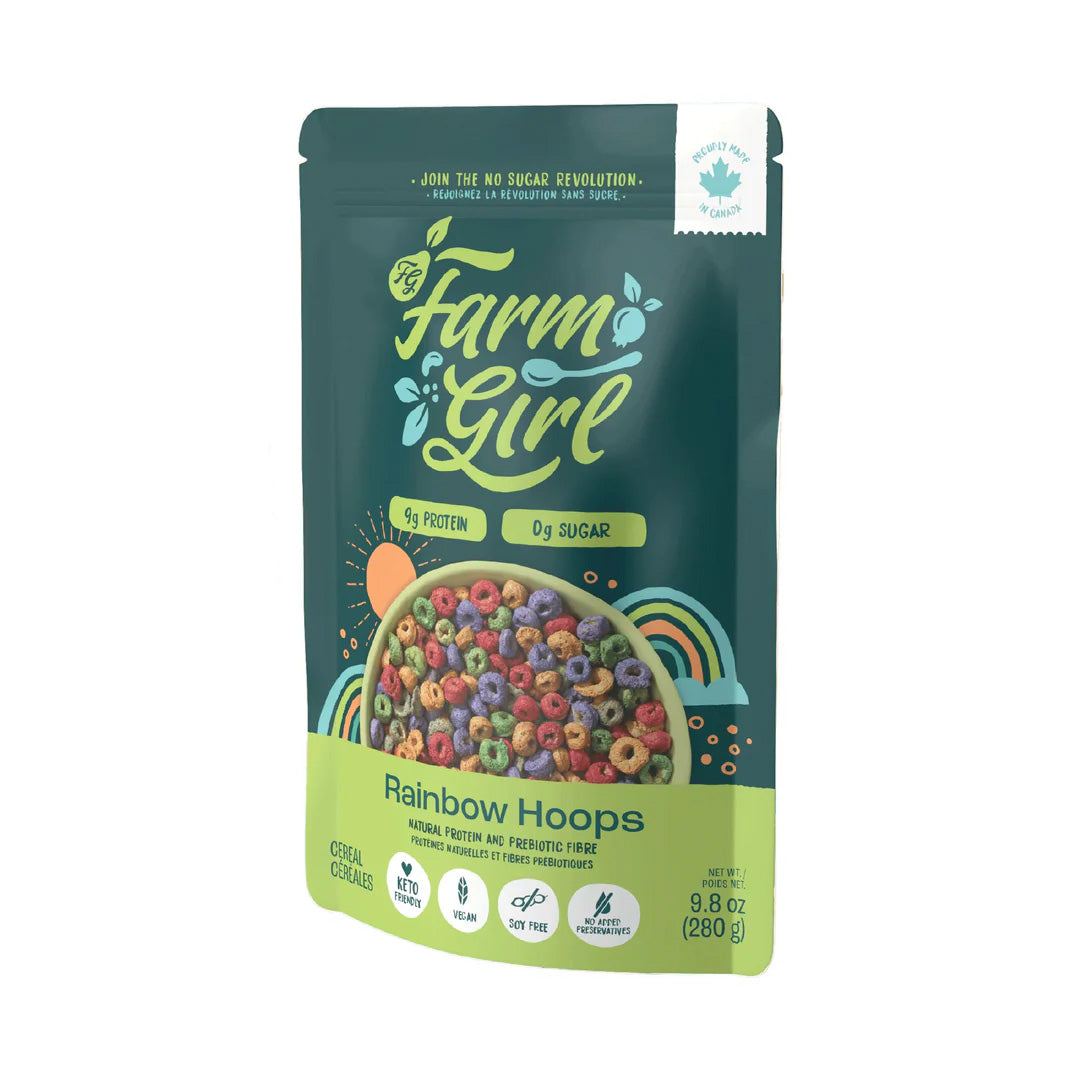 Farm girl high protein cereal Rainbow Hoops flavor